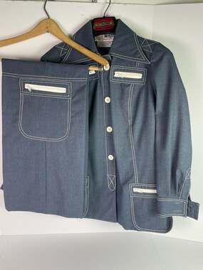 Wenjilli Vintage 70s Blue 2-Piece Pant Suit Jacket & Pants Contrast Size 7/8